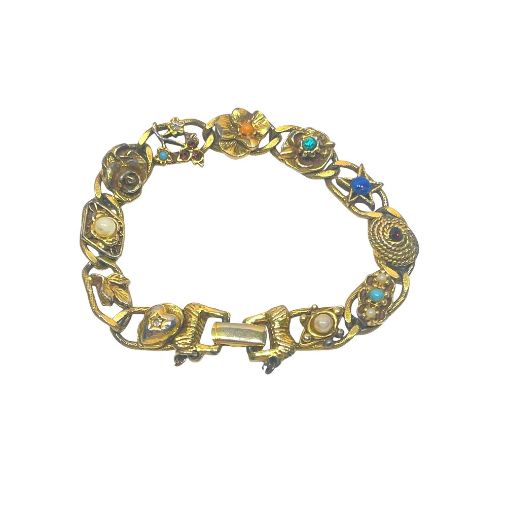 Vintage Goldette N.Y.‎ Floral Charm Bracelet Faux Gemstones & Pearls